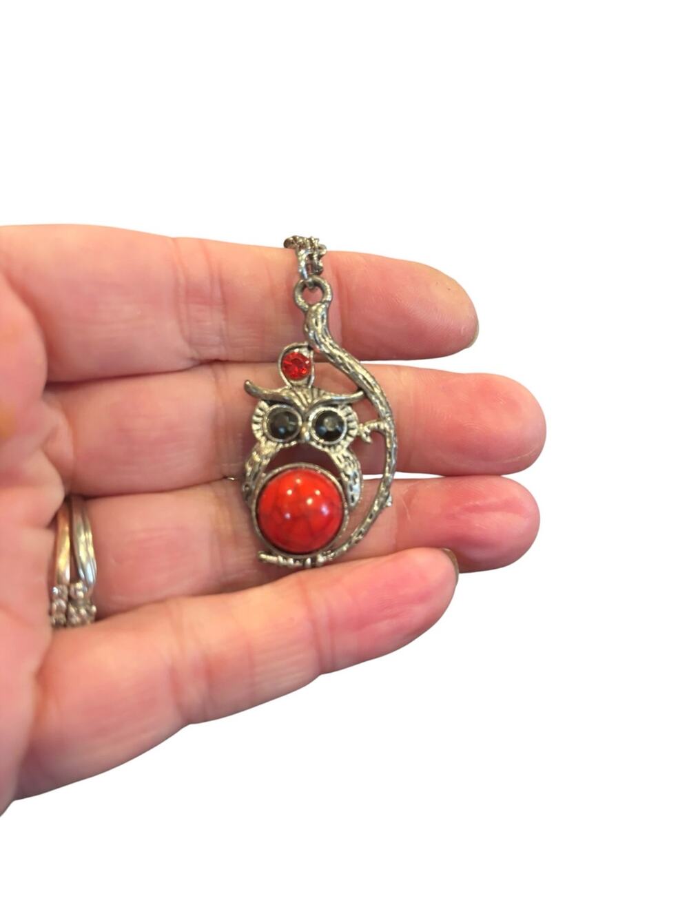 Vintage Owl Necklace 18” Silver Tone Red Cabochon Black Eyes Gothic Pendant